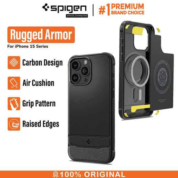 Case iPhone 15 Pro Max Plus Spigen Rugged Armor MagSafe Carbon Casing