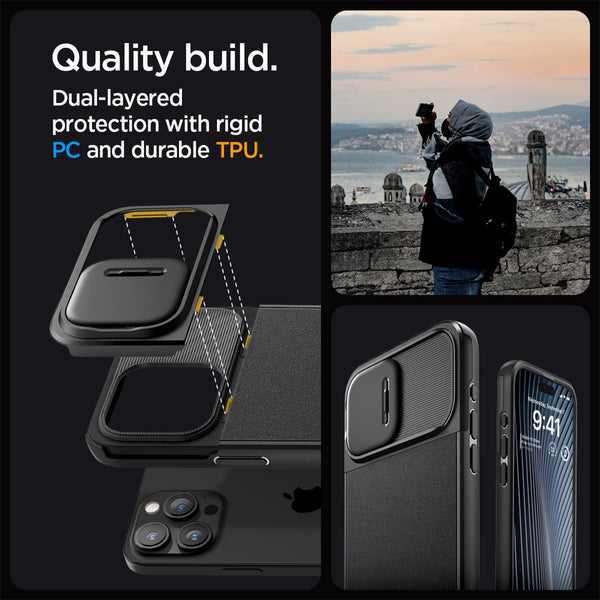 Case iPhone 15 Pro Max Plus Spigen Optik Armor Camera Slide Soft Cover