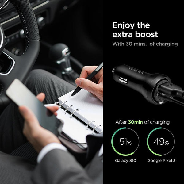 Car Charger Dual Port USB A / C 36W Spigen F30QC PD QC Fast Charging With Type-C Cable
