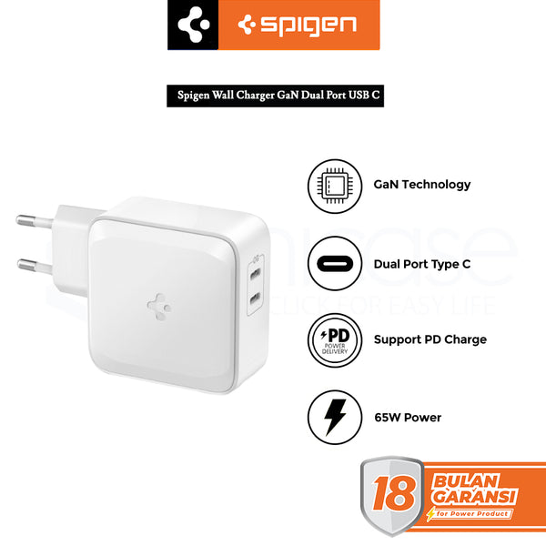 Wall Charger Kepala Adaptor GaN Spigen PowerArc 65W Dual Port USB C PD 3.0 Fast Charging