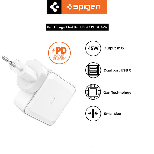 Wall Charger Kepala Adaptor GaN Spigen 45W Dual Port USB C Fast Charge